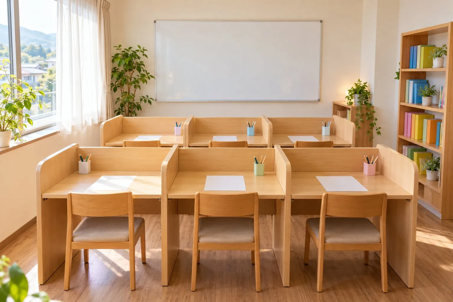 仕切りのある木目調の学習ブースが並ぶ、窓からの光が明るい教室
