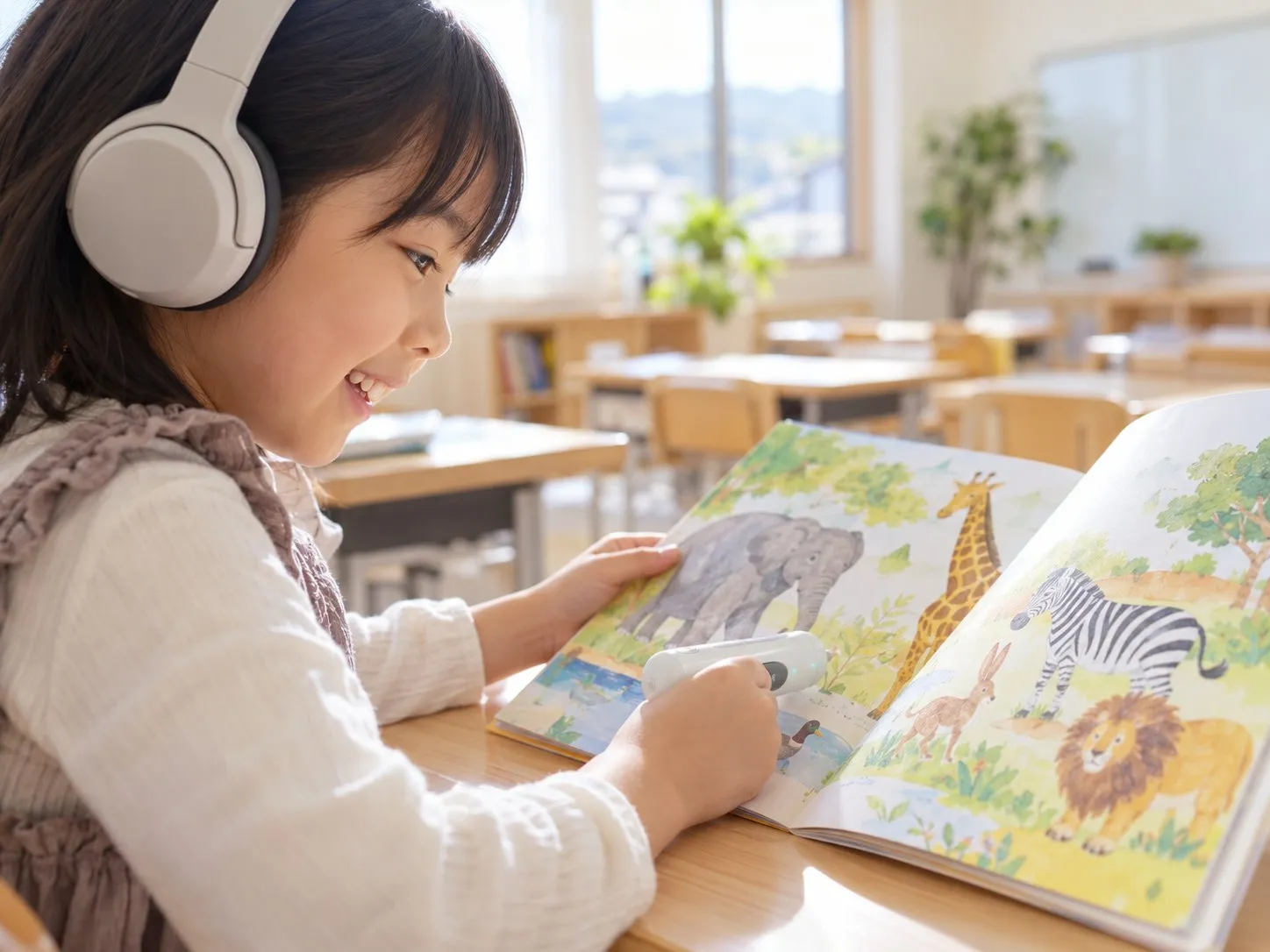 ヘッドホンをつけた女の子が、絵本を見ながらペン型の機器で英語を学んでいる
