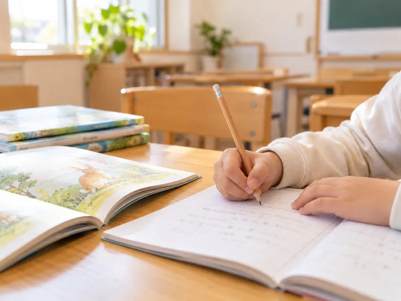 絵本を机の横に置き、国語のノートに鉛筆で書き込む子どもの手元