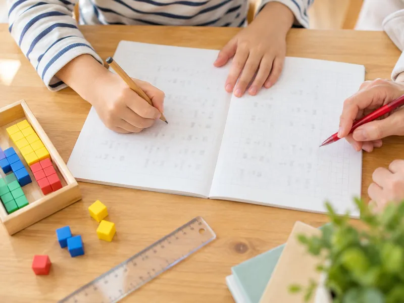 算数のノートに鉛筆で計算を書く子どもの手元。机には色つきの積み木が並んでいる