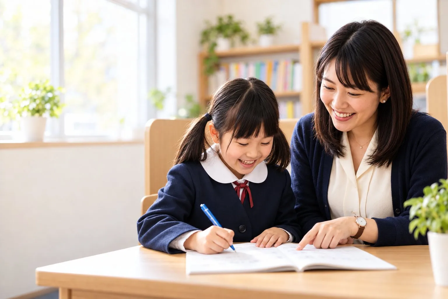 明るい教室の机で、先生に見守られながらノートに問題を書き、笑顔になる小学生の女の子