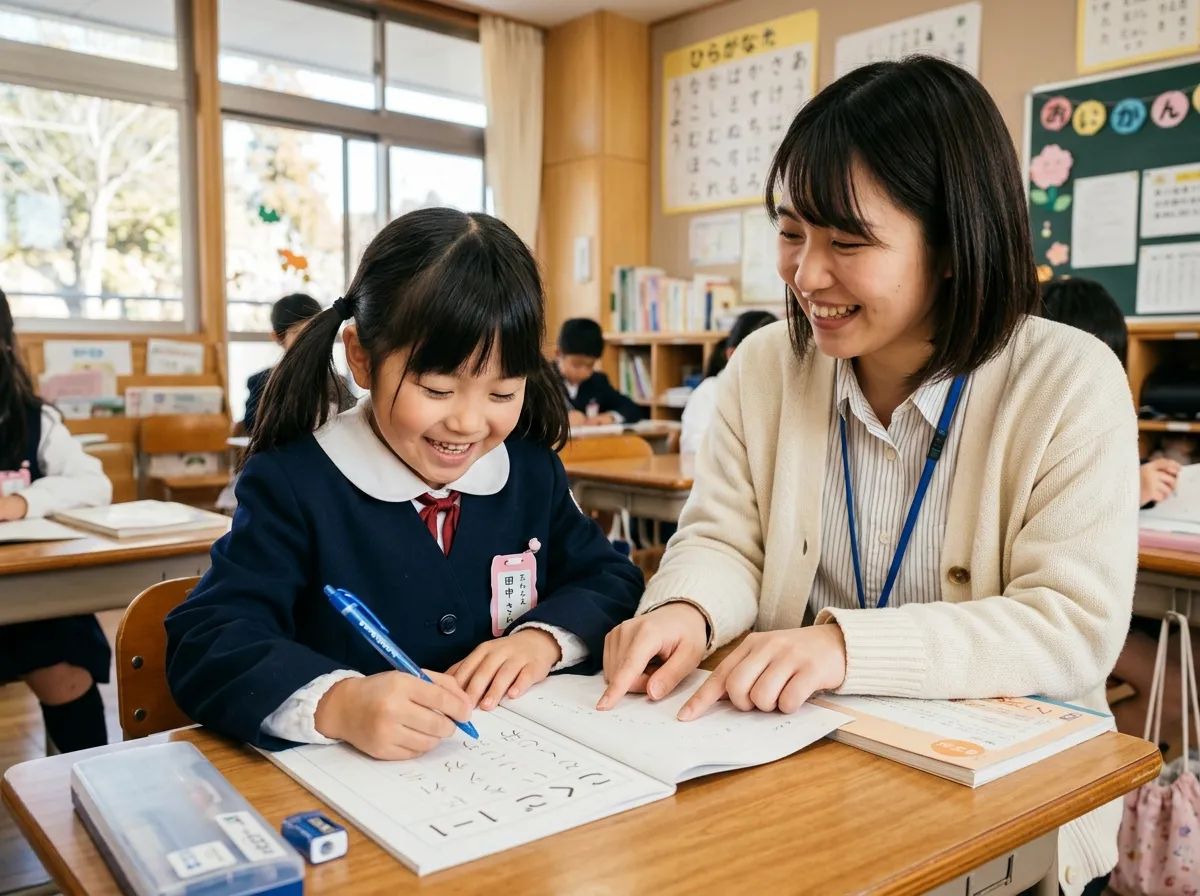 やまのべ教室での個別学習。先生と一緒に問題を解く小学生の笑顔