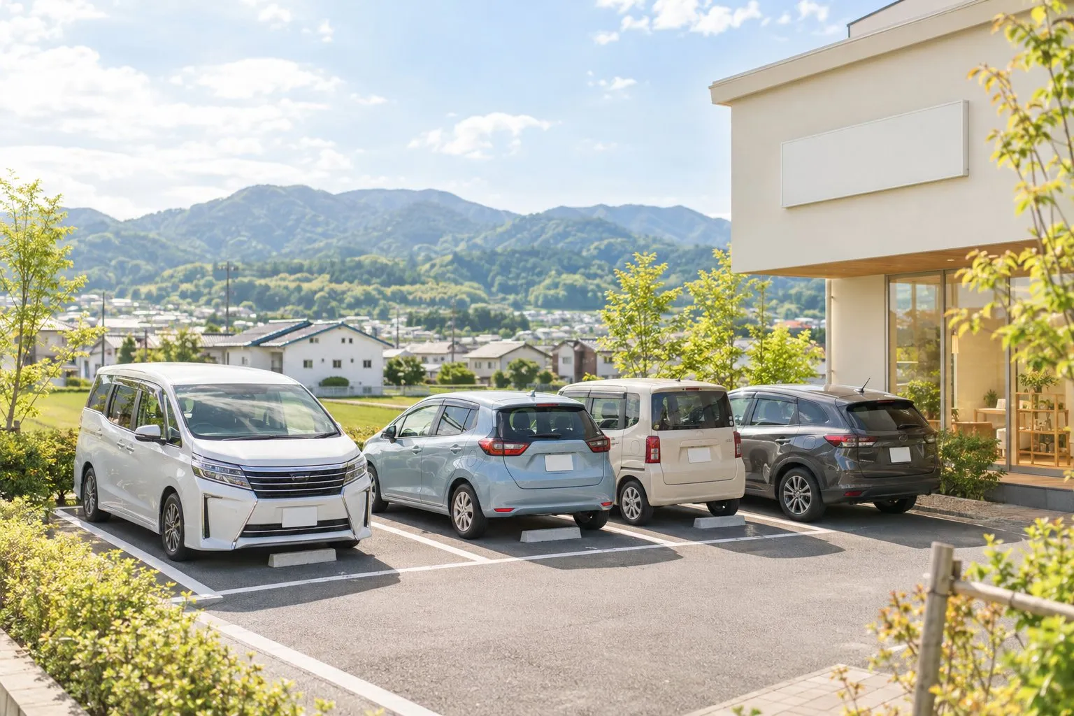 教室の脇の駐車スペースに乗用車が並んで停まっている。奥には山並みが見える