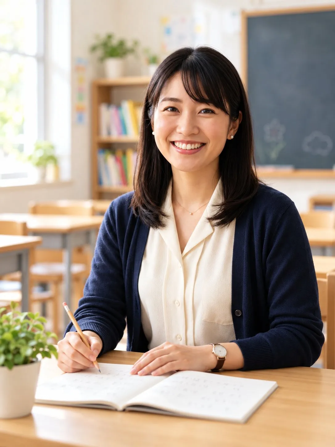 ノートを広げた机の前で、笑顔でこちらを見ているカーディガン姿の女性の先生